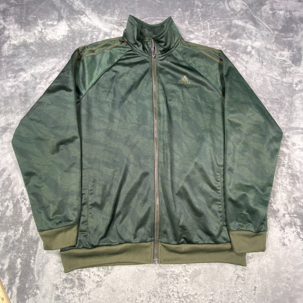 Adidas Jacket Mens M Green Camouflage Full Zip‎ Track 3 Stripe Logo Pockets Camo
